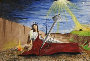 Lady Liberty doesn't seem to care much anymore. Hey, what's with the Capitol dome shaped microphone coming out of her dress?