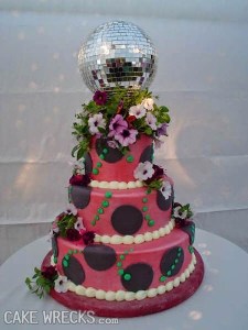 Of course, this cake design brings us why people no longer look to the 1970s for decorating ideas. Also, a disco ball as a cake topper? That's tacky beyond all understanding.