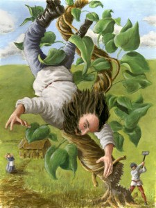 Jack chopping down the beanstalk and sending the giant to his death. Hope his house and mother don't get smashed.