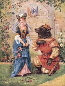 Beast as bear proposing the Beauty by going down on one knee.