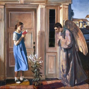 I know the girl in blue is supposed to be the Virgin Mother dressed as her favorite Disney princess but she looks like such a kid in this it's not even funny. In fact, it's kind of creepy. The Angel Gabriel praying kind of irks me, too. I think the Annunciation should be depicted in its own time or with an older Mary for God's sake.
