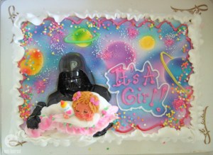 Either this, or that the expectant mother's friends are trying to tell her that she needs a divorce and that her husband would make a terrible dad. That, or just that she may really be into Star Wars for some reason. Seriously, Darth Vader on a baby shower cake? You know this is a guy who cut off his son's hand and blew up his daughter's planet.
