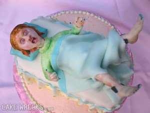 Hey, at least they didn't depict a cake with a c-section. Still, why have a cake depicting this? Why? I mean she has bloodshot eyes, for God's sake.