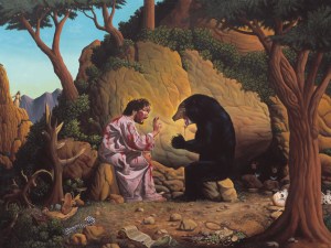 Uh, Jesus, you might want to run away because it has cubs in the background. Trying to make peace with a mama bear is never a good idea, honest to God I'm not kidding.