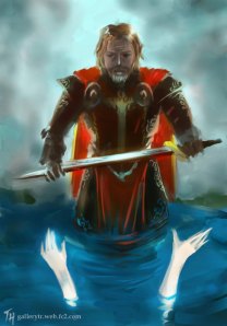 King Arthur receiving Excalibur from the Lady of the Lake after the Sword in the Stone is broken. Known for glowing brightly as well as having an insanely sharp edge. Scabbard is said to stop the wearer from bleeding. It's said that who wielded Excalibur could never be defeated in battle, though this isn't set in stone.