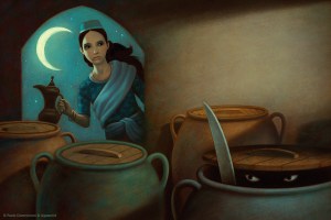 Morgiana uses boiling oil on in the jugs hiding the thieves. Poor thieves.