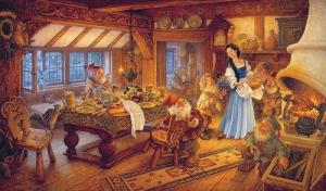 Snow White doing housework for the seven dwarfs.