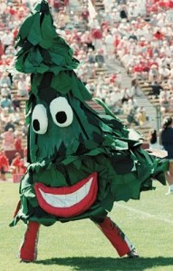 This mascot reminds me of the singing Christmas trees I see at Rite Aid around the holidays and not in a good way. Still, for God's sake, Stanford, if your team is called the Cardinals, have a cardinal mascot! There's no need to have a poorly designed tree to represent your school.