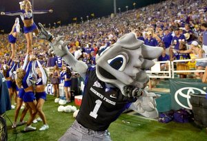 Now a horned frog is another term for a Texas horned lizard and thus a misnomer. It's the state reptile of Texas. Yet, TCU's Super Frog seems to resemble some form of humanoid dinosaur or space alien.