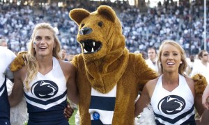 Now I know what a Nittany Lion is supposed to be and I think Penn State is perfectly fine with having a mountain lion mascot. However, whoever designed the Nittany Lion's costume thinks it resembles an emaciated bear for some reason. And let's say the footie-pajama getup doesn't seem to help.