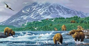 Alaska is renown for its gorgeous scenery and diverse wildlife now under threat by human activity and global warming. This painting depicts grizzly bears catching salmon from the river with the seagulls waiting for leftovers and a bald eagle soaring high.