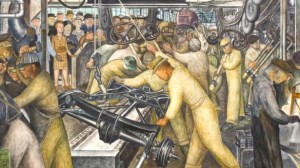 As seen in this mural section by Diego Rivera, Michigan is best known for being the headquarters of America's auto industry. Chrysler, GM, and Ford are all based in Detroit which by now is seen as an urban disaster. Yet, until the Rust Belt set in, it was a center of American Industry.