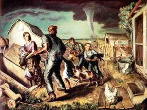 J. Steuart Curry's 1929 Tornado Over Kansas is basically a depiction of everything we tend to associate Kansas with. I mean Kansas farm families seeking shelter from a tornado during the Great Depression, we've heard that before. Of course, if this depicted the Dust Bowl, you probably would've thought of Oklahoma. Still, both states were both hit by the Dust Bowl as well as tend to get heavily hit during tornado season.