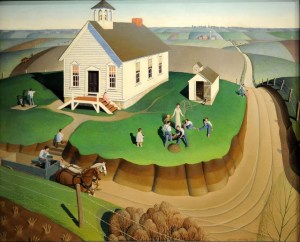 Iowa was home to the great Depression Era artist Grant Wood (1891-1942) who is best known for his American Gothic painting which has become an iconic image of 20th century American Art. This is a painting of his called Arbor Day which is on its state quarter.