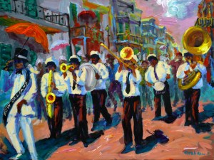 In New Orleans, Louisiana, jazz is a music tradition that's played on all sorts of occasions. This painting depicts a New Orleans jazz funeral in which the traditional somber music is replaced with loud, upbeat, raucous music and dancing celebrating the deceased's life. "When the Saints Go Marching In" is usually a standard tune at these.