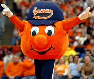 Now Syracuse is known for having severe winters and experiencing 120 inches of snow. This isn't a good climate for citrus fruits. Also, a giant dancing orange with arms and legs wearing a cap makes a rather dopey mascot indeed.