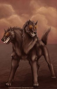 The Orthrus may appear a bit like Cerberus except that he has two heads and without the benefit of being Hades' pet guard dog. Killed by Hercules so the gods can have those red cattle.