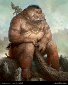 If this is the cyclops Polyphemus from Homer's Odyssey, then he's going to have it coming with Odysseus soon. 