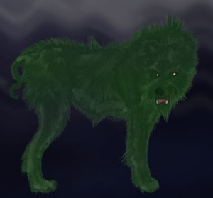 The Cu Sith is seen as an omen of death but when it barks three times, it's said a nursing mother is kidnapped to provide milk for fairies by this green hound dog. Yet, I wonder if this Scottish pooch likes green eggs an ham.