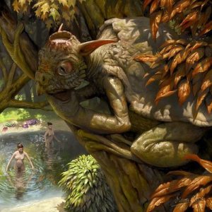 The Kappa is a complex monster which can range from harmless prankster and sexual harassser to outright vicious. Of course, this one is an outright pervert watching women skinny dipping. Also kind of resembles a cross between a house elf and a turtle.