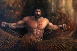 Here's Prometheus being chained to the Caucasian mountains and having a giant eagle devour his liver on a daily basis all because he stole fire from Mount Olympus for humanity. Of course, he knew this would happen when Zeus would find out. Luckily, he'll be freed by Hercules soon enough.