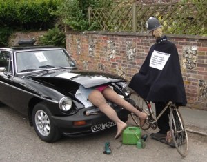 In the world of British murder mysteries, this scene may look like a suicide judging by the gas can and shoes. However, it's actually murder though I'm not sure who did it.