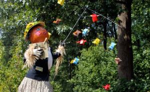 Still, she's a scarecrow which means she usually tries to scare crows. Still, I'm sure she delights in those paper birds.