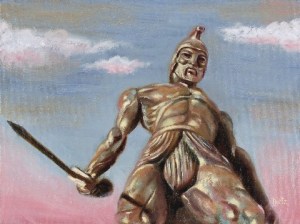 Now this is Talos as designed by Ray Harryhausen for Jason and the Argonauts. However, remember he's not the guy who's modeled for the Colossus of Rhodes. That would be Helios. Still, he does a Colossus of Rhodes pose in the movie.