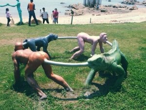 This reminds me of a horror movie known as The Human Centipede except that it didn't walk around in circles. Still, for a playground equipment, this is fucked up.