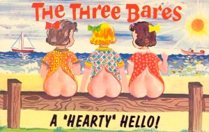 I know this is just a drawing for laughs but seriously? I don't think a postcard with young girls' bare butts is in any way appropriate. Still, they'll soon have their tushies wracked with sunburns and splinters before long.