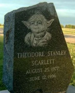 Then again, I bet his favorite Star Wars character was perhaps the wrinkly green guy who most people could imitate. Too bad this kid died before he could see Yoda kick ass in the prequels.