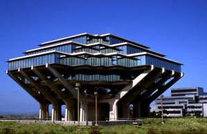 Now this is the Geisel Library in San Diego, built in honor of Theodore Geisel a. k. a. "Dr. Seuss." This style is more reminiscent of something you'd see from Star Wars or Close Encounters with the Third Kind. Would've been better if its chief benefactor designed this building himself.