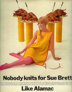 Of course, the model here is encouraging women to buy knits that would help them cover the extra pounds they'd gain after eating a Thanksgiving dinner or two (if you count the in-laws). 