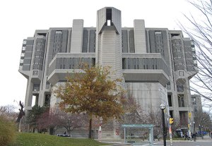 Actually that's the Robarts Library for humanities and social sciences at Canada's University of Toronto. Still, it's a more fitting design for a Cold War era propaganda machine or the Ministry of Truth from 1984.