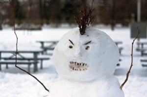 "You talking to me? Are you talking to me?" Man, this snowman doesn't seem to happy. Yet, you have to admire how they made his mohawk from tree branches.