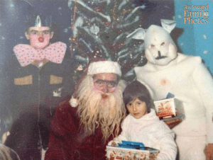Never has going to Santa land seem oh, so horrifying, but I'm sure the kid's not scared. Still, what the hell is the Easter Bunny doing here? Also, what's with the clown?