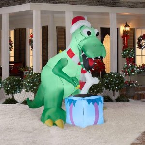 I understand that dinosaurs are cool kid appeal animals, but still, they haven't roamed the Earth in 65 million years. To have a dinosaur in Christmas regalia is about as anachronistic as The Flintstones Holiday Special.