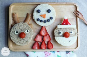 Of course, while Santa and Rudolph's noses are from cherry tomatoes, Frosty's eyes and mouth are made from blueberries and his body is made from strawberries. Santa might also have a strawberry hat while Rudolph has kielbasa antlers.