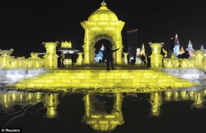 No, this wasn't made from yellow snow. They actually light up these at night to bring color to them. Get your mind out of the gutter.