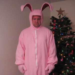 Ironically, because of A Christmas Story, it's now acceptable for guys to wear pink bunny pajamas on Christmas morning. The expression on this guy's face is just hilarious.