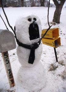 Now I wonder how they manage to make a mail box snowman. I mean don't mailboxes have stands for most of the year. Still, I wonder what mail carriers think about this.
