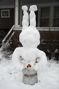 I hope this snowman is in a neighborhood where there aren't a lot of children. I mean few parents would tolerate a kegstand snowman.