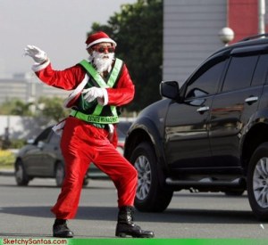 Looks like Santa is very much enjoying this gig that he's doing a little dance at the intersection. Still, he better watch out since there may be a car coming right at him.