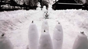 Still, I wonder how these snowmen take aim of when trying to knock down some pins. I mean you have to know where to hit the pins before you roll your head.