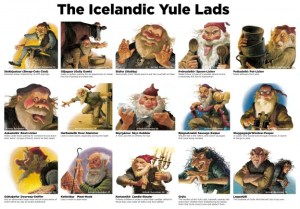 Here is a chart on the 13 Yule Lads and their parents. Each of them has a name in which they're best known for doing. But, let's just say they really mellowed with the coming of Santa Claus.
