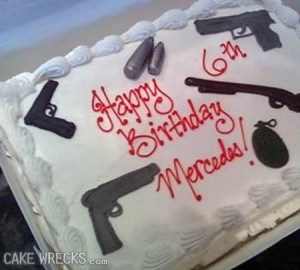 Why the fuck would anybody order a birthday cake like that for a little girl? Now gender differences aside, I think a cake pertaining to Disney Princesses, Barbie, or My Little Pony would've been more appropriate. Also, cakes that look pink and feminine as well as catered to little girls. Any of those choices would've been much more appropriate than having a theme for a little girl's cake that advocates violence. I just wonder what's going through Mercedes' parents' minds.