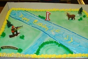 Sure the scenery may be pretty and S. J. won't remember a thing about this special day. But, c'mon, is a cake depicting the last moments of a buck's life an appropriate subject for a first birthday cake? Perhaps it would be better just to remove the hunter.