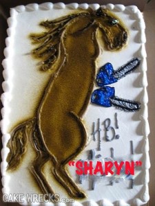 If Leatherface wanted a pony when he was growing up, this bronco would've been perfect. Still, whoever came up with this idea must not have been right in the head to say the least. That, or probably thought a cake with a horse and chainsaws would've been cool.