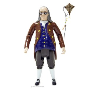 Comes with kite. Printing press, newspaper, Poor Richard's Almanac, inventions, and French whores not included. From Amazon: "Benjamin Franklin did a lot more than fly a kite on his way to becoming one of the most intelligent men in history. At various times throughout his life he was a writer, diplomat, businessman, musician, inventor, scientist, politician, humorist, printer, postmaster, philosopher, and statesman. His many accomplishments include inventing swimming fins and bifocals, establishing the University of Pennsylvania, publishing the Poor Richard's Almanac and signing the Declaration of Independence as a founding father of the United States."