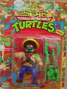 This is sort of a cross between TNMT and The Treasure of the Sierra Madre. And I can see Bandito Mike say, "Badges, to god-damned hell with badges! We have no badges. In fact, we don't need badges. And cowabunga with the pizza, dude!"